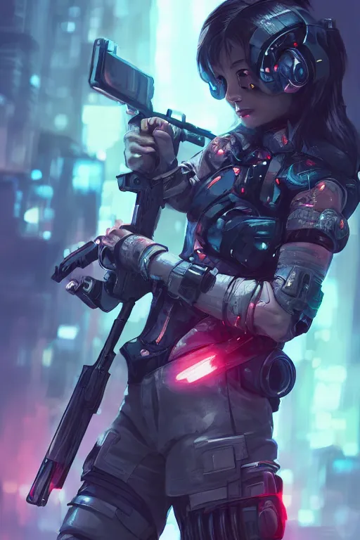 Prompt: beautiful illustration of a cyborg mercenary girl holding a rifle, art by wlop, artgerm, liam wong, upper body, cyberpunk, neon, elegant, highly detailed, trending on artstation, sharp focus, caustics, octane render, radiant light, 4 k