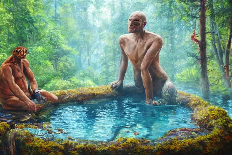 Image similar to highly detailed oil painting of a lizard man sitting in a steaming colorful hotspring with woodland forest backdrop, featured on artstation