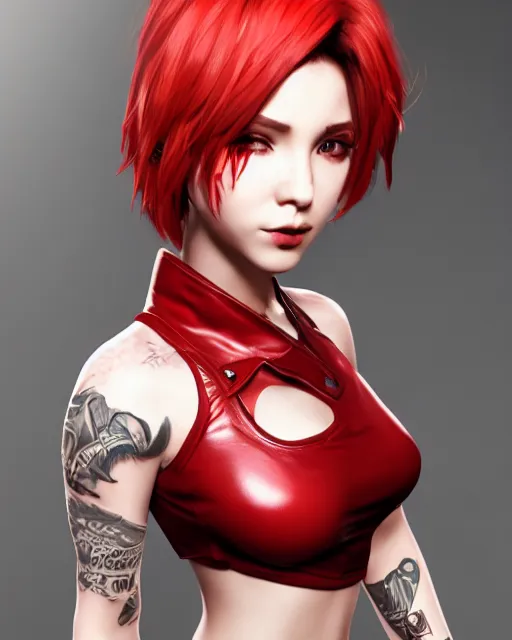 Image similar to a girl with short red hair, cool, vi from arcane, league of legends, fighter, cool red jacket, tattoo, beautiful, 3 d, potrait, art staion, studio light, closeup shot, octane render, wlop