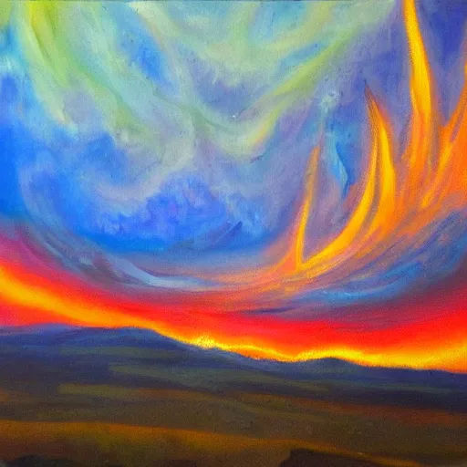 Image similar to landscape oil painting consisting of fire, earth, wind and water