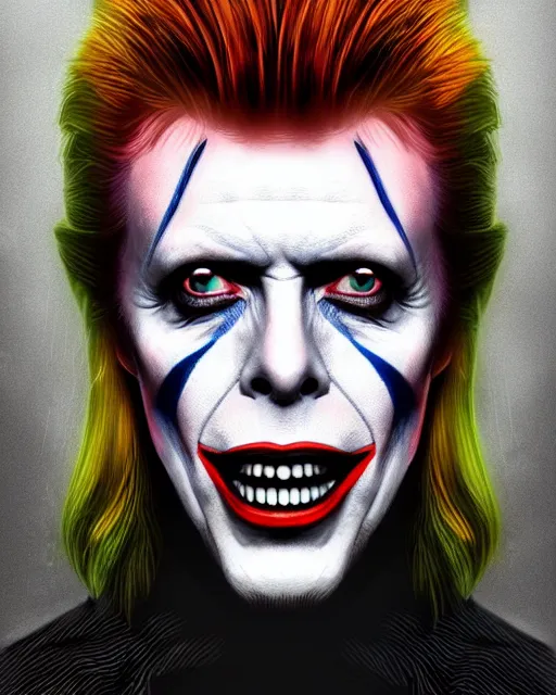 Prompt: david bowie as the joker, portrait, fantasy horror art, in the style of artgerm, illustration, epic, fantasy, intricate, hyper detailed, artstation, concept art, smooth, sharp focus, ray tracing, vibrant, photorealistic, simon bisley, fabry glenn