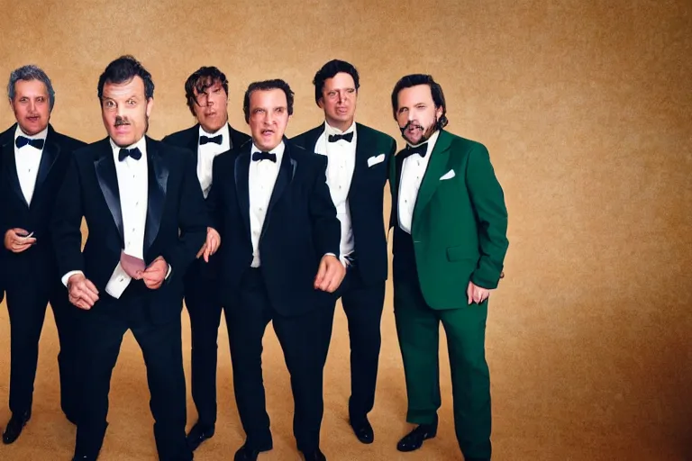 Prompt: 5 handsome middle-aged men dressed in tuxedos standing in a green room