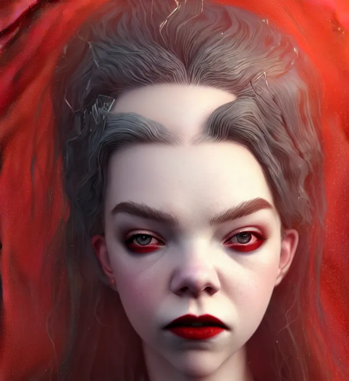 Prompt: anya taylor - joy vampire queen, hyper detailed, digital art, trending in artstation, cinematic lighting, studio quality, smooth render, unreal engine 5 rendered, octane rendered, art style by klimt and nixeu and ian sprigger and wlop and krenz cushart