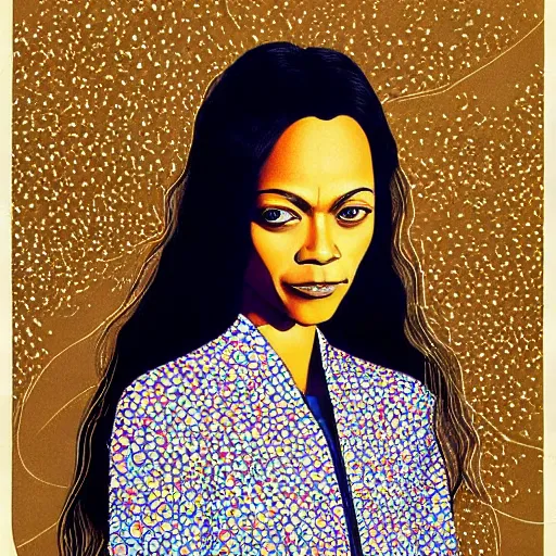 Prompt: “ zoe saldana portrait by ikenaga yasunari and ayana otake and ko rakusui, 6 0 s poster, drawing, realistic, sharp focus, japanese, dreamy, nostalgia, faded, golden hues, floral clothes ”