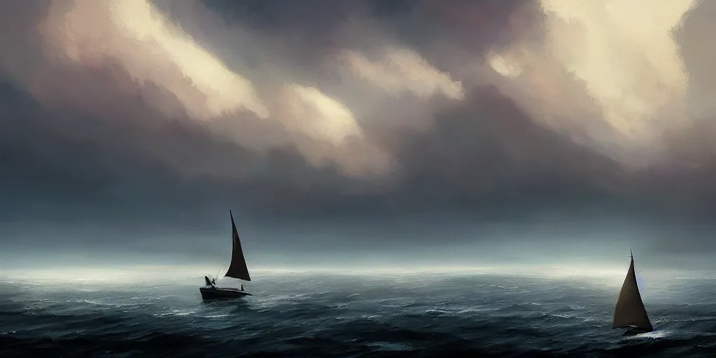Image similar to sailboat with horizon and dark clouds, dramatic lighting, beautiful views, painterly concept art, joanna gaines, environmental concept art, farmhouse, magnolia, concept art illustration by ross tran, by james gurney, by craig mullins, by greg rutkowski trending on artstation