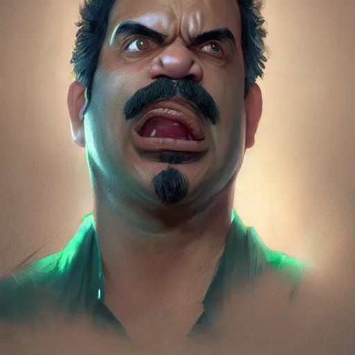 Prompt: hyper realistic, realistic - anime, portrait, beautifully rendered, luis guzman as luigi wearing green, smirking deviously, nintendo's luigi, painted by greg rutkowski, wlop, artgerm, dishonored 2,