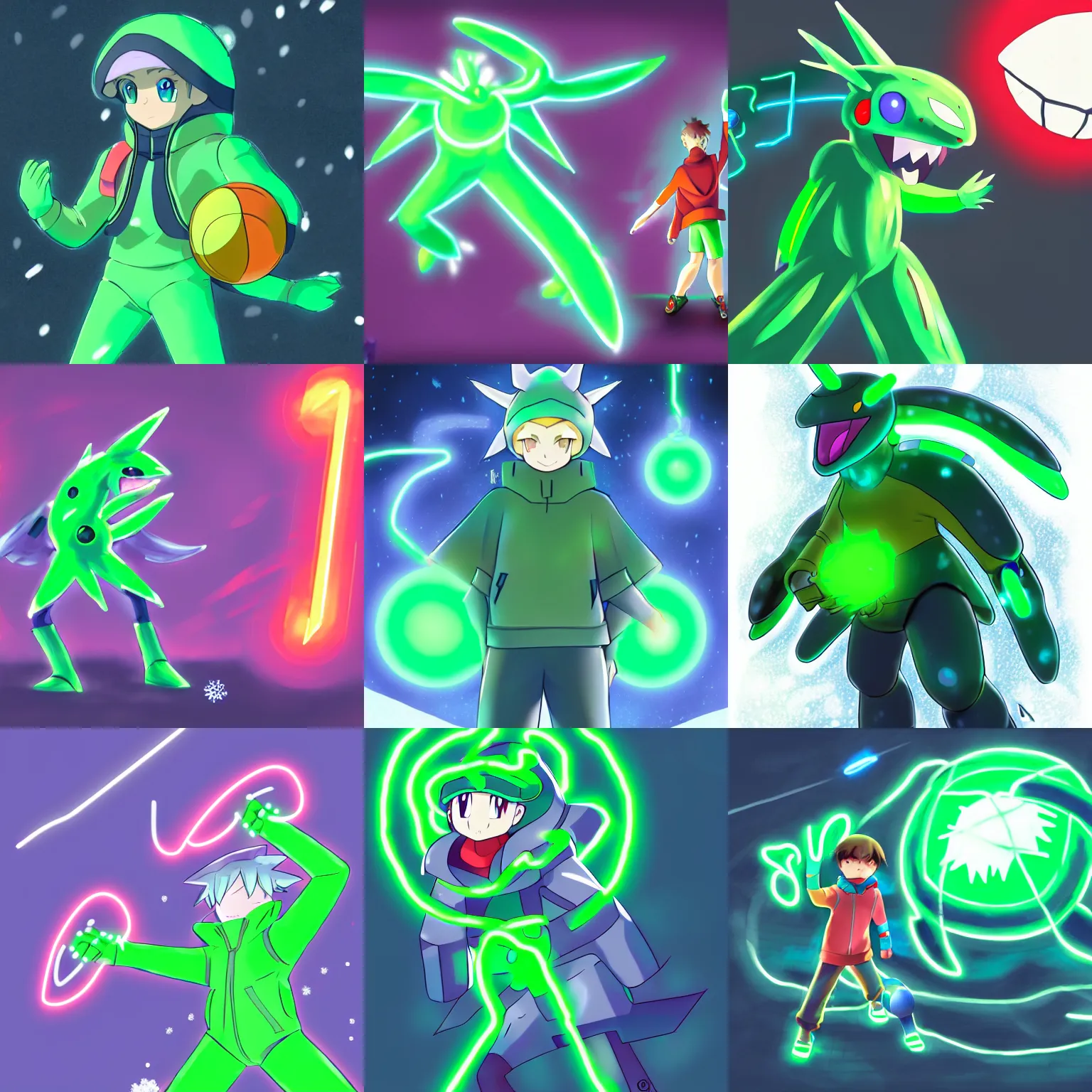 Prompt: a boy in winter clothing, masterball in his hand, facing a big neon green dialga, concept art, digital art, very detailed, anime, pokemon, 8 k hd