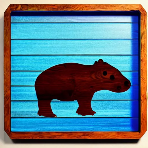 Prompt: wood, full subject shown in photo, award - winning photo, a photo of a model hippo made of repurposed elm wood composite mixed with straight lines blue epoxy resin, epoxy resin, dramatic lighting, studio zeiss 1 5 0 mm f 2. 8 hasselblad