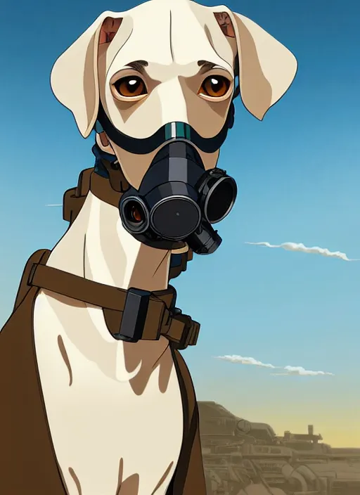 Image similar to intelligent white brown greyhound wearing gas mask, natural lighting, path traced, highly detailed, high quality, digital painting, by don bluth and ross tran and studio ghibli and alphonse mucha, artgerm