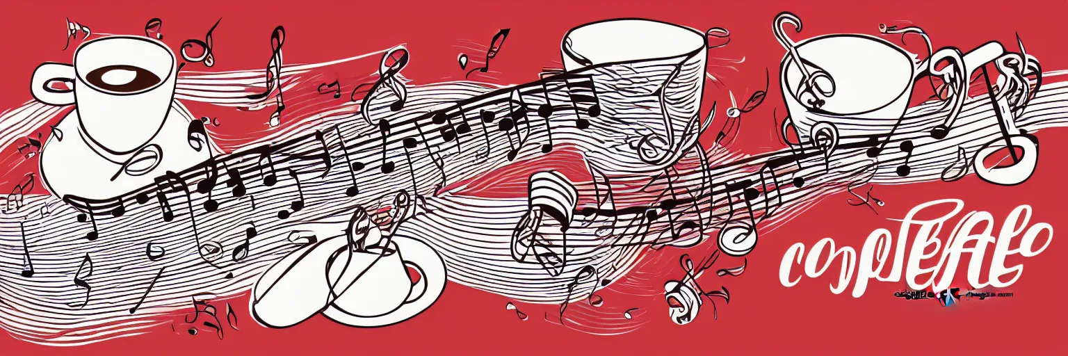 Prompt: coffee and musical instrument, line art, vector, logo, simple, red and white,