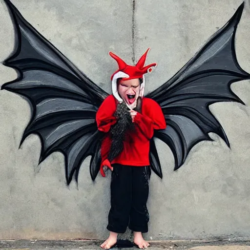 Prompt: The street art features a young boy disguised as a dragon. The boy is shown wearing a costume with dragon-like features, including a long tail, wings, and horns. He has a large grin on his face, suggesting that he is enjoying his disguise. by Scarlett Hooft Graafland robust