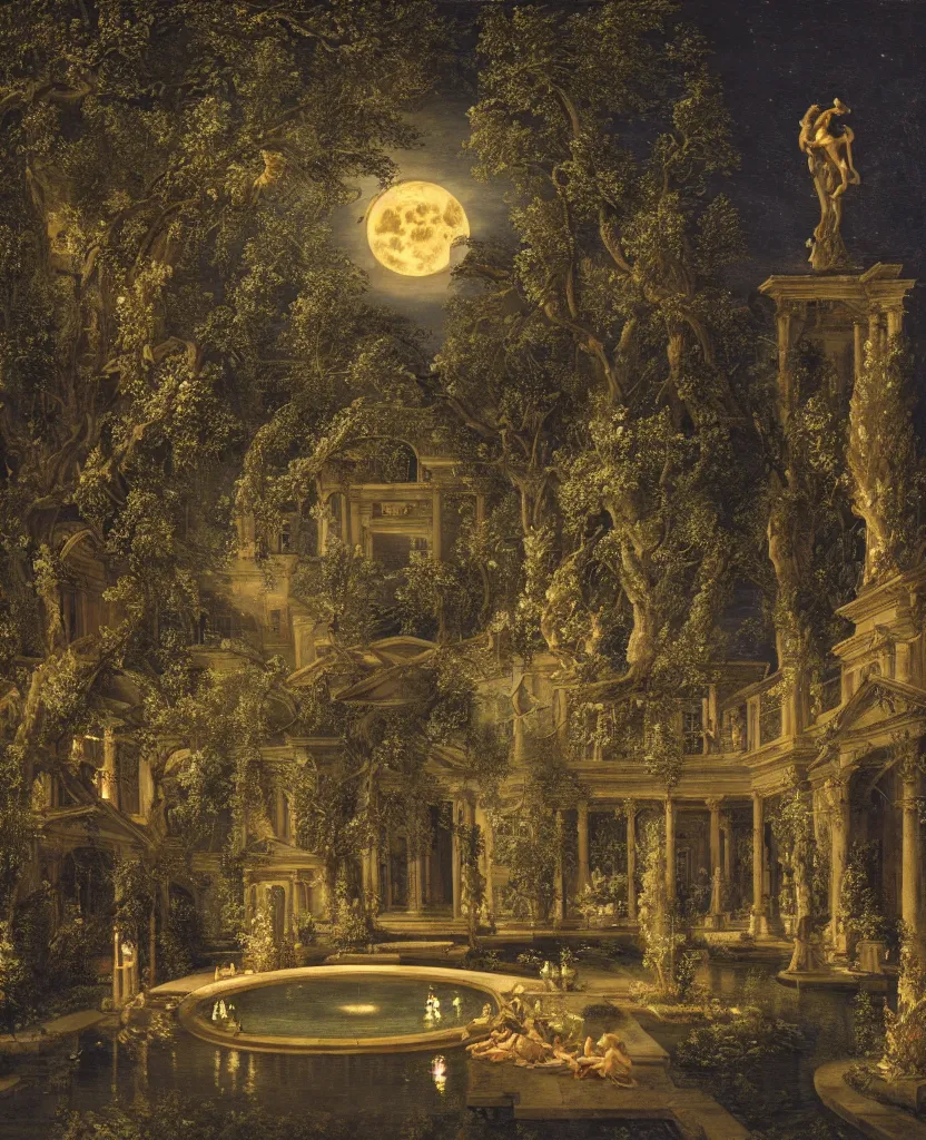 Image similar to photo of beautiful rococo courtyard under moonlight, large glowing moon, pool with rippling reflections, weeping willows and flowers, hellenistic sculptures, very romantic, archdaily,
