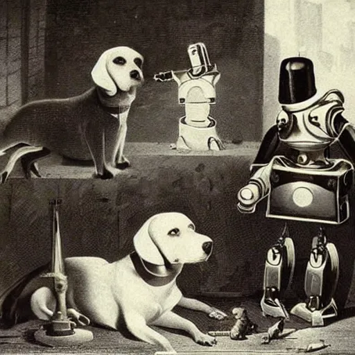 Prompt: robot-dog uprising, circa 1849, colorized