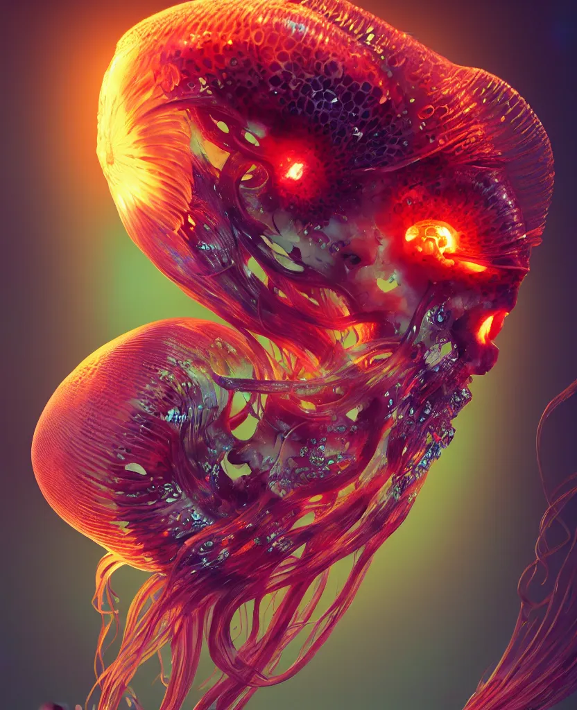 Image similar to goddess close-up portrait animal skull. jellyfish phoenix head, nautilus, orchid, skull, betta fish, bioluminiscent creatures, intricate artwork by Tooth Wu and wlop and beeple. octane render, trending on artstation, greg rutkowski very coherent symmetrical artwork. cinematic, hyper realism, high detail, octane render, 8k