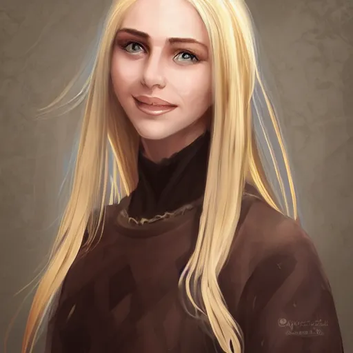 Prompt: portrait, 3 0 years old women : : fantasy : : long straight blonde hair, beeing happy, smiling : : attractive, symmetric face : : brown medieval cloting, natural materials, pointy ears : : high detail, digital art, rpg, concept art, illustration