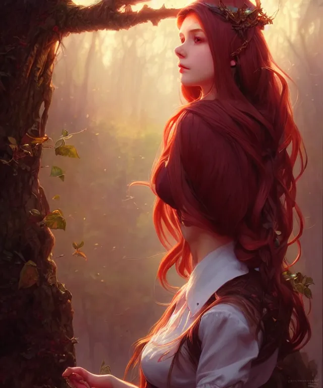 Prompt: side portrait cute female, magic school uniform, fantasy forest landscape, dnd fantasy magic, long red hair, cinematic rim light, intricate, elegant, highly detailed, digital painting, artstation, concept art, smooth, sharp focus, illustration, art by artgerm and greg rutkowski and alphonse mucha