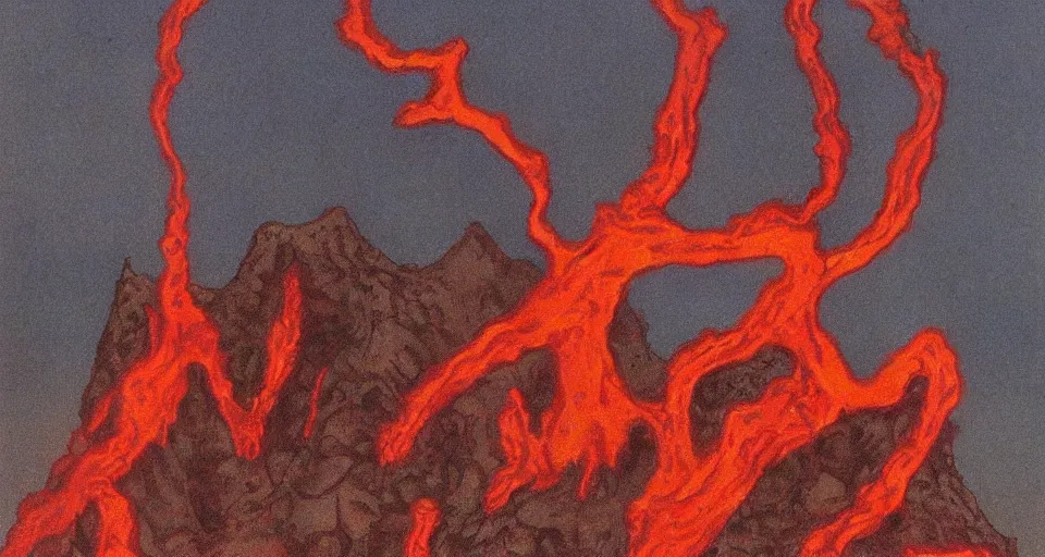 Image similar to a volcano made of ivory vines and crimson rocks enters in eruption, it spits a smoke in the shape of demonic eye, by Raymond Briggs