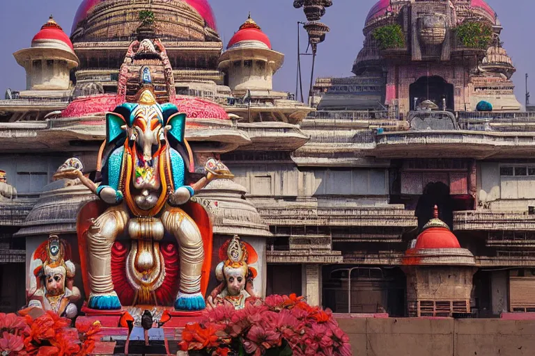 Image similar to beautiful futuristic new delhi, sharp technopunk ganesha!! building, kalighat flowers, highly detailed, stephen shore & john j. park, cinematic morning light, wide shot, ground angle, uhd 8 k, sharp focus