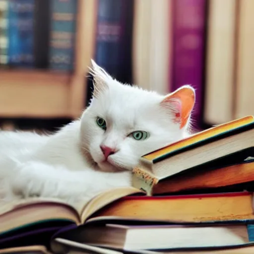 Prompt: a beautiful white cat sleeping on a pile of colorful books