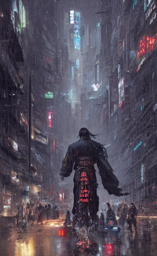 Prompt: cyberpunk samurai in rain, crowd, raven, arcane, by fortiche, by greg rutkowski, esuthio, craig mullins, wlop