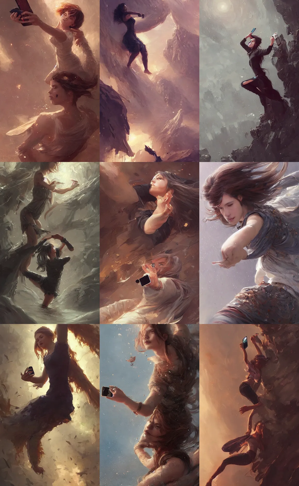 Prompt: woman falling while trying to taken a selfie, digital painting, intricately detailed, highly detailed, artwork by greg rutkowski, artwork by ross tran, artwork by randy vargas, artwork by artgerm, artwork by alex garner, trending on artstation