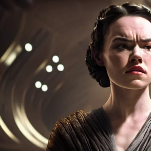 Image similar to movie still of daisy ridley as sith empress wearing a black satin robe and metal belt with make up as if she was crying, sweaty, detailed eyes, neutral expression, shallow depth of field, photorealistic, cinematic lighting, lovely bokeh, dark moody light, strong rim light, movie quality, star wars