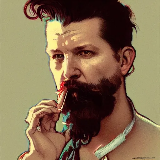 Image similar to Gavin McInnes smoking a cigarette, portrait art by alphonse mucha and greg rutkowski, highly detailed, digital painting, concept art, illustration, dim lighting with twilight rays of sunlight, trending on artstation, very detailed, smooth, sharp focus, octane render