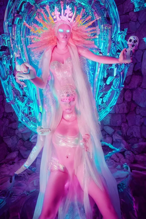 Image similar to full-body rococo and cyberpunk delicate neon crystalline sculpture of ((beautiful albino Latina goddess)) as an iridescent humanoid deity wearing ((peach plastic hooded cloak)) (holding a human skull) in a white castle dungeon, reclining, glowing pink face, crown of (pink lasers), large blue diamonds, swirling black silk fabric. futuristic elements. oozing glowing liquid, full-length view. space robots. intricate artwork by caravaggio. Trending on artstation, octane render, cinematic lighting from the right, hyper realism, octane render, 8k, depth of field, 3D