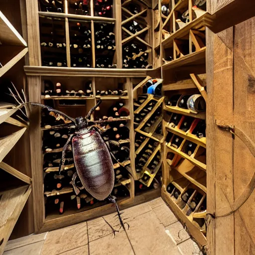 Image similar to photograph of a giant boring beetle destroying a wine cellar