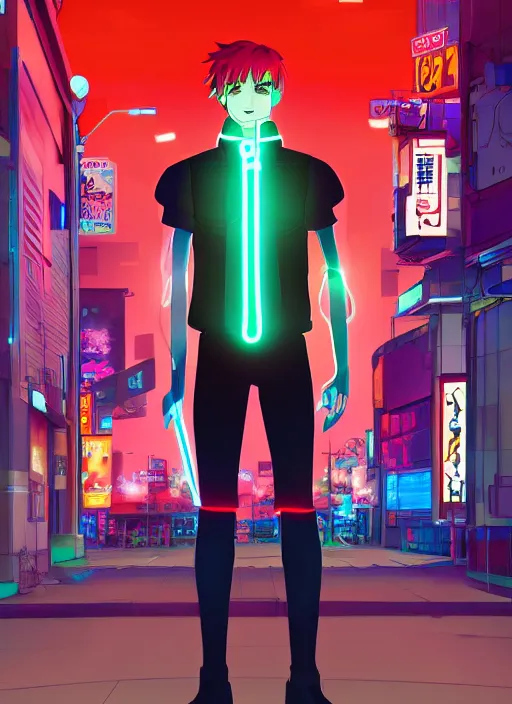 Image similar to Male cyborg wearing a school uniform, standing on street corner lit by a neon sign”, full body shot, cyberpunk, Digital art, detailed, anime