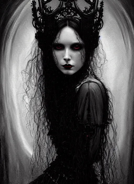 Image similar to highly detailed oil painting | very intricate | cinematic lighting | black, white and blood color scheme, dark background | portrait of a exquisite beautiful vampire woman with long elegant tangles of black hair, eyes, gothic fog ambience, hyper realistic head, fantasy victorian art, in the style of greg rutkowski, zdizslaw beksinski, intricate, alphonse mucha