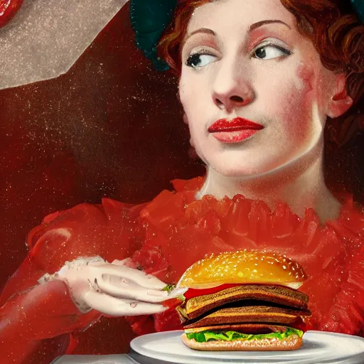 Image similar to victorian lady eating a burger, full body, intrincate, red and white, glitter, depth of field, 8k, hyper detailed, trending on artstation