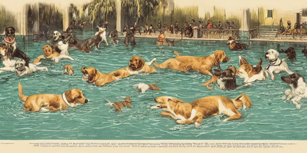 Image similar to a flat illustration of dogs swimming in a wide pool, vaudevillian, from 1890, detailed, vignette, high quality scan, yellowish, greenish