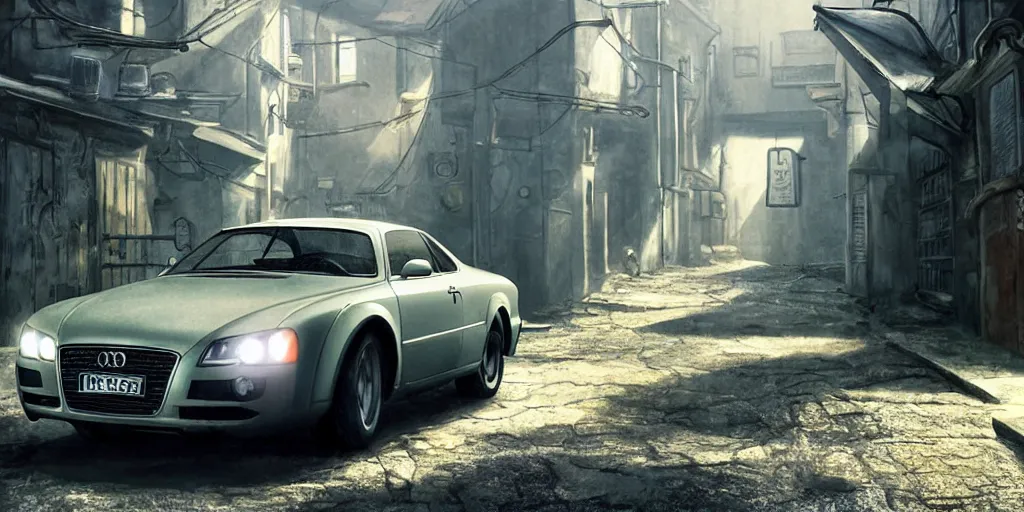 Prompt: a wholesome animation key shot of a focused old silver audi car parked in an abandoned alleyway, medium shot, waist up, studio Ghibli, Pixar and Disney animation, sharp, very detailed, high resolution, Rendered in Unreal Engine 5, anime key art by Greg Rutkowski, Bloom, dramatic lighting