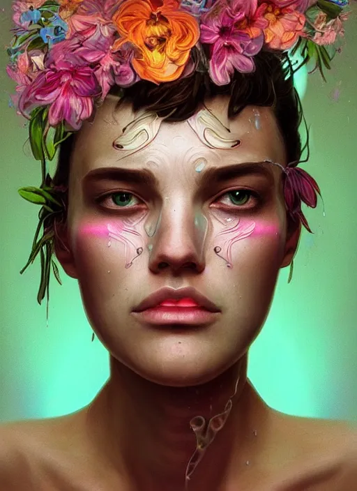 Image similar to portrait of androgynous face crying, flowers neon, fibonacci, sweat drops, insane, intricate, highly detailed, digital painting, artstation, concept art, smooth, sharp focus, illustration, Unreal Engine 5, 8K, art by artgerm and greg rutkowski and alphonse mucha