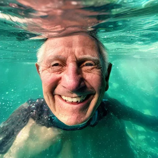 Prompt: a smiling old man hidden under water