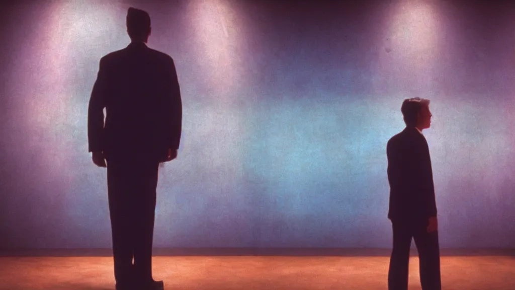 Image similar to movie scene of a man standing in front of a multiverse machine, movie still, cinematic composition, cinematic light, pastel color scheme, by David Lynch