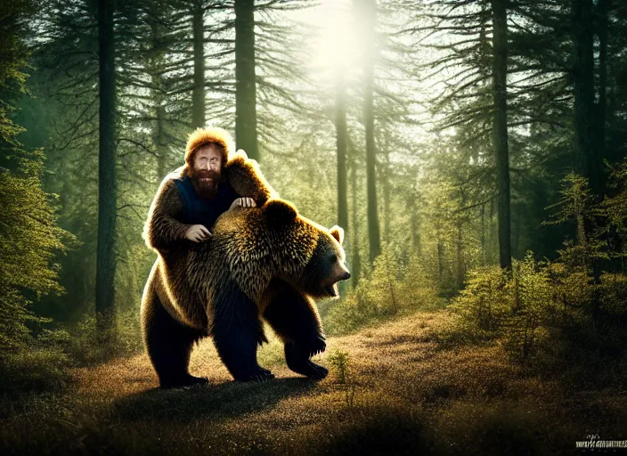 Image similar to portrait photo of chuck norris riding his fluffy grizzly bear, in the forest at dawn. fantasy magic style. highly detailed 8 k. intricate. lifelike. soft light. sony a 7 r iv 5 5 mm. award winning photography.