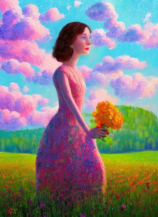 Image similar to girl with giant flower as a face and flower dress, standing in a flower field hills, big trees, sunrise dramatic light, impressionist painting, colorful clouds, digital painting, pointillism, artstation, simon stalenhag