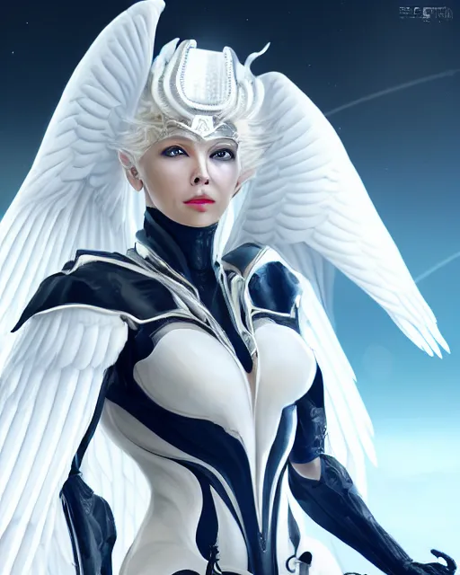 Image similar to perfect white haired attractive egyptian goddess with huge white dove wings, warframe armor, beautiful, symmetric, charlize theron, half asian, pretty face, blue eyes, android, scifi platform, laboratory, experiment, 4 k, ultra realistic, epic lighting, android body, illuminated, cinematic, masterpiece, art by akihito tsukushi, voidstar