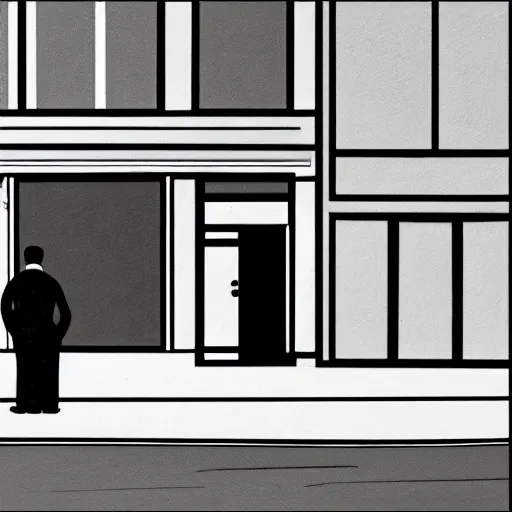 Image similar to a lonely street at night with a sad man in a jacket sitting on the street, in the style of Edward Hopper, 4K,