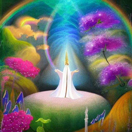 Prompt: white robe wizard with wand from far away, white unicorn, rainbow, hills, forest, waterfall, mists, flowers, butterflies, gold, diamonds, harp, divine soul, music in the air, wonderful flower aroma, dew drops, spring, Mary Blair, in the style of Eyvind Earle, Gabriel Gomez, Marcin Jakubowski