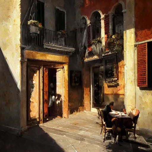 Image similar to italian restaurant in venice, sunny, shadows, craig mullins