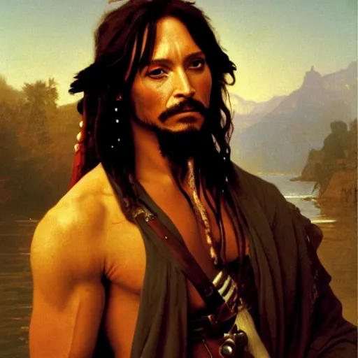 Image similar to Painting of Hugh Jackman as Jack Sparrow. Art by william adolphe bouguereau. During golden hour. Extremely detailed. Beautiful. 4K. Award winning.