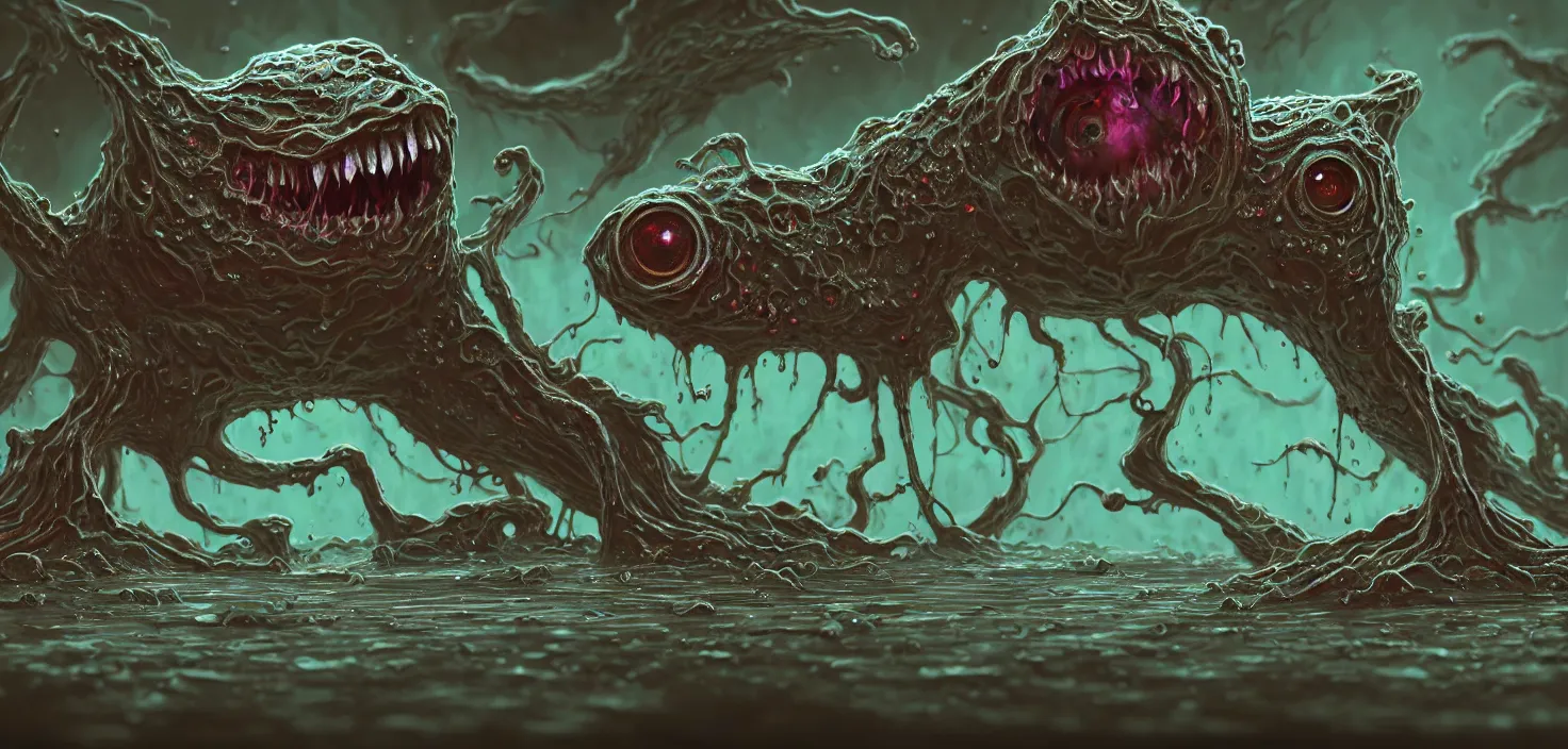 Prompt: of an intricate murky pond with strange cute friendly angry vivid creatures with huge eyes long tongue triangle teeth and scary face appearing from the dirt water, in the style of craola, macro lens, shallow depth of field, highly detailed, digital painting, trending artstation, concept art, illustration, cinematic lighting, vibrant colors, photorealism, epic, octane render