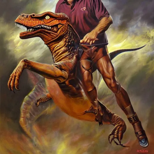 Image similar to coach steve spurrier riding a dinosaur intricate, hyper detailed, realistic, oil painting, by julie bell, frank frazetta, cinematic lighting