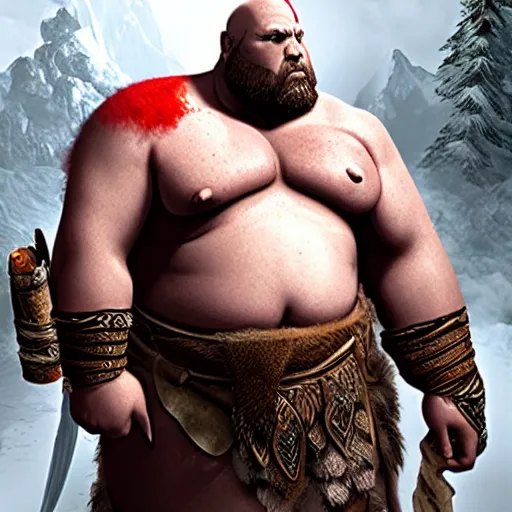 Image similar to morbidly obese god of war has like ten chins