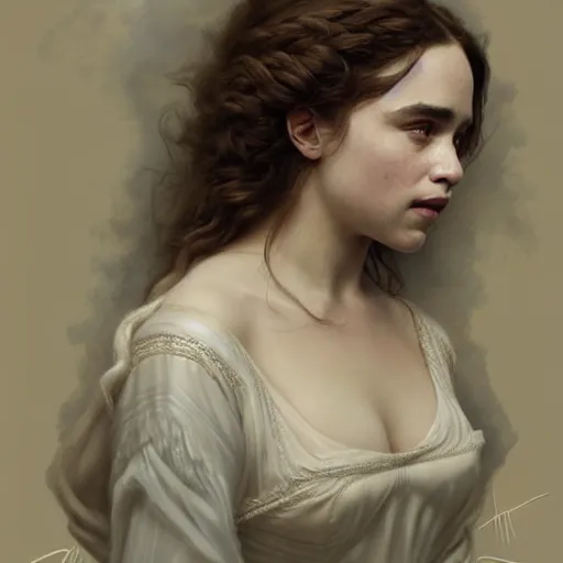 Image similar to beautiful striking Pre-Raphaelite Emilia Clarke by Artgerm and Greg Rutkowski, pale, intricate, elegant, highly detailed, digital painting