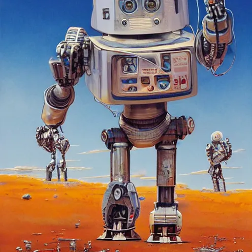 Image similar to robot wearing a buckethat, by John Harri and Michael Whelan and John Berkey and Robert McCall and Chris Foss and Chris Moore and Vincent Di Fate and Rafał Olbiński and Jim Burns