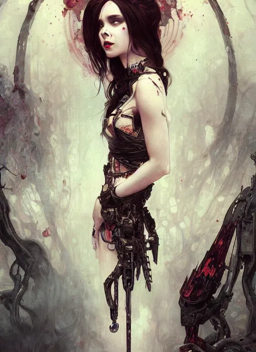 Prompt: portrait of beautiful cute pale gothic maiden covered in blood, warhammer 40000, cyberpunk, intricate, elegant, highly detailed, digital painting, artstation, concept art, smooth, sharp focus, illustration, art by artgerm and greg rutkowski and alphonse mucha and Gustav Klimt